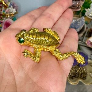 Vintage Gold Enameled with Green Rhinestone Eye Frog Brooch